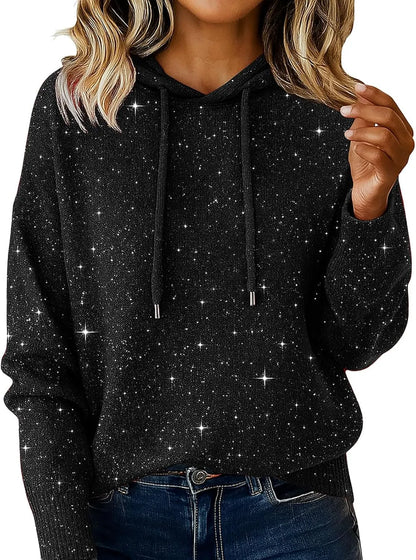 Bling Sequin Hoodie Sweater for Women - Sparkly Glitter Pullover Knit Hoodie Long Sleeve Casual Holiday Sweater Top