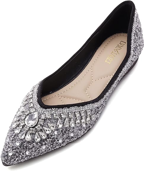 Women Rhinestone Sequin Wedding Pointed Toe Dress Flat Shoes