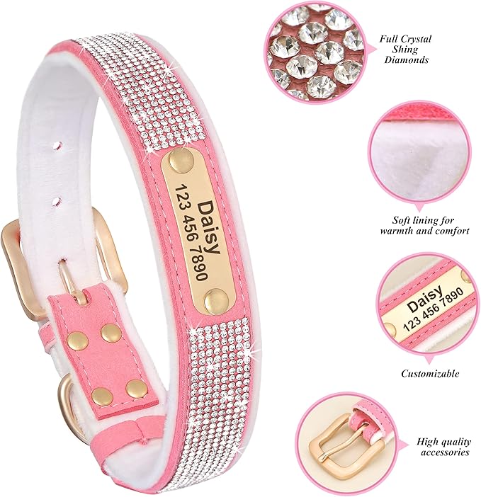 Soft Velvet Custom Dog Bling Collars with Warm Lining