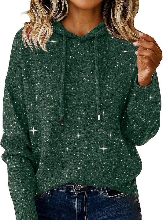 Bling Sequin Hoodie Sweater for Women - Sparkly Glitter Pullover Knit Hoodie Long Sleeve Casual Holiday Sweater Top