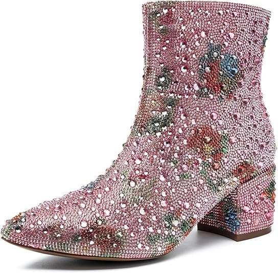 YAYONE Rhinestone Zipper Sparkly Pointed Toe Ankle Boots