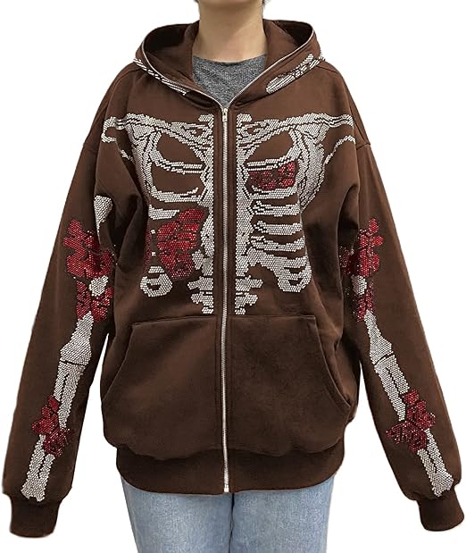 LisenraIn Unisex Men Women Zip Up Y2K Oversized Rhinestone Skeleton Jacket