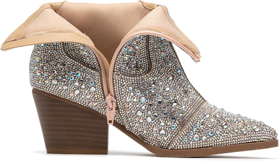 YAYONE Rhinestone Zipper Sparkly Pointed Toe Ankle Boots