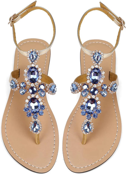 Women’s Rhinestone Gladiator Flat Sandals - Sparkly Crystal Bridal & Beach Wedding Sandals