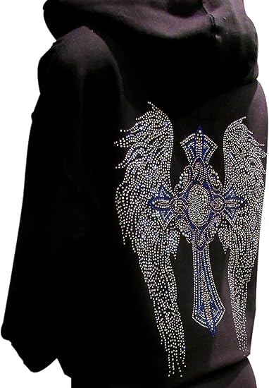 Multicolor Rhinestone Cross and Angel Wings Black Zipper Hoodie