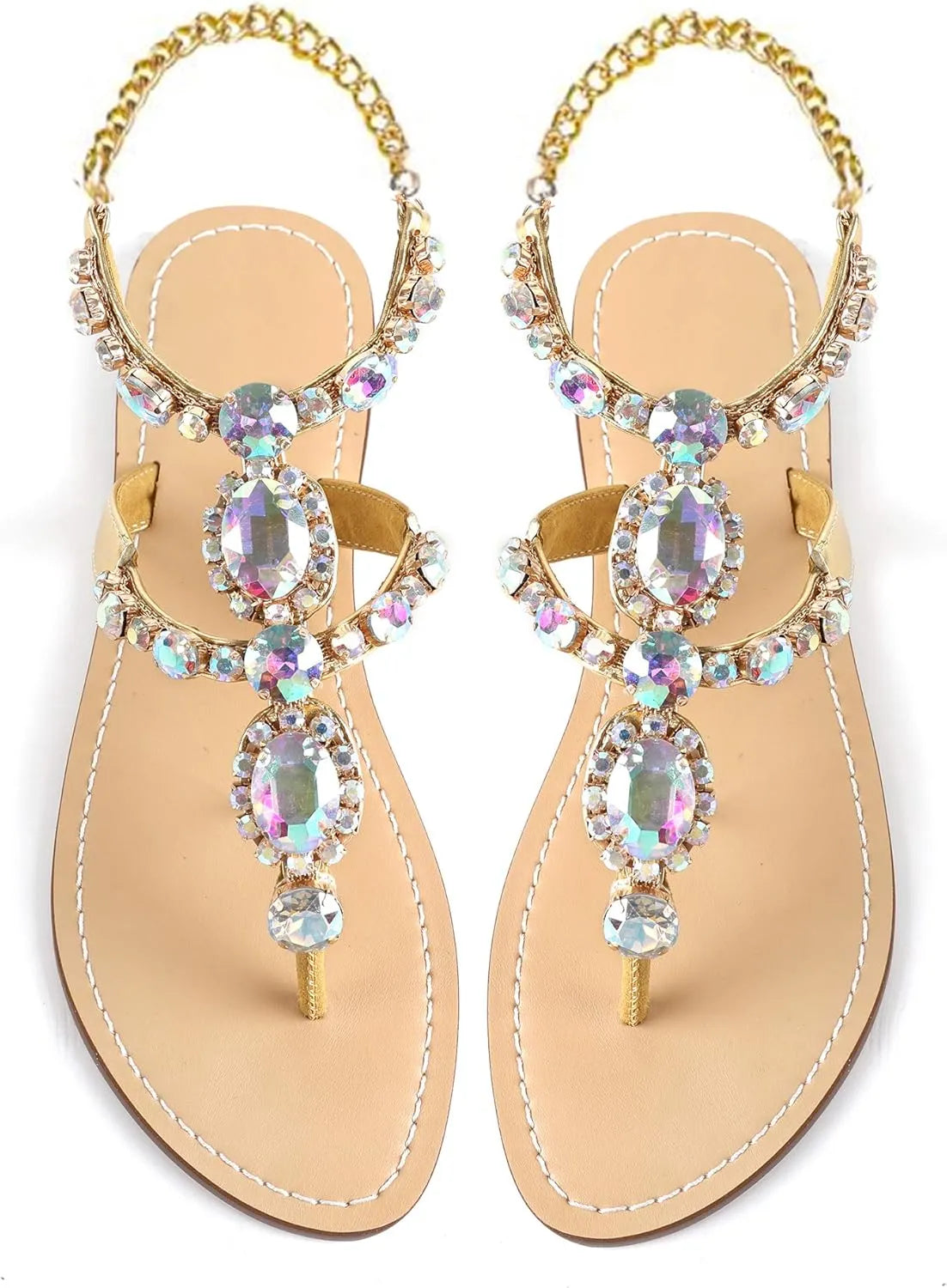 Women’s Rhinestone Gladiator Flat Sandals - Sparkly Crystal Bridal & Beach Wedding Sandals