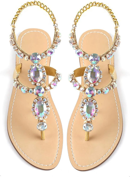 Women’s Rhinestone Gladiator Flat Sandals - Sparkly Crystal Bridal & Beach Wedding Sandals