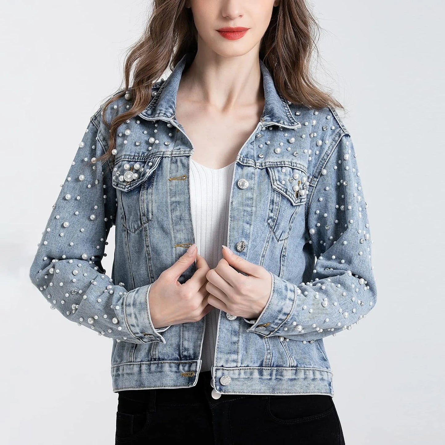 Women's Pearls Denim Jacket Cropped Rhinestones Jean Jacket