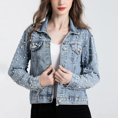 Women's Pearls Denim Jacket Cropped Rhinestones Jean Jacket