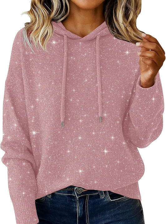 Bling Sequin Hoodie Sweater for Women - Sparkly Glitter Pullover Knit Hoodie Long Sleeve Casual Holiday Sweater Top