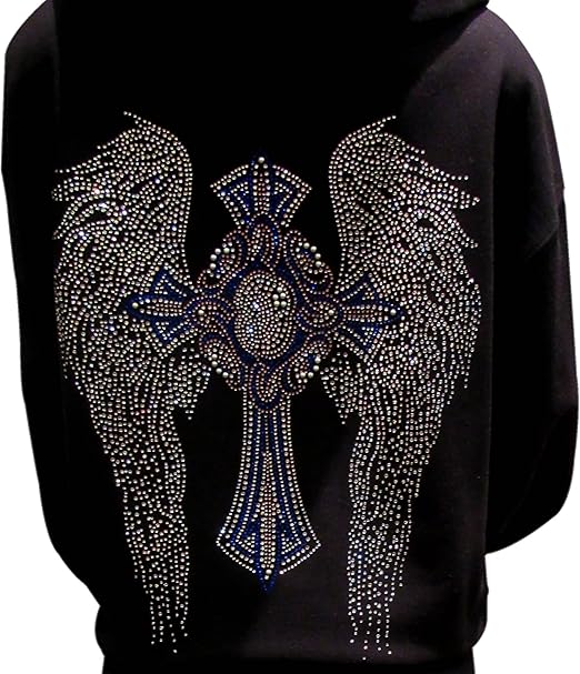 Multicolor Rhinestone Cross and Angel Wings Black Zipper Hoodie