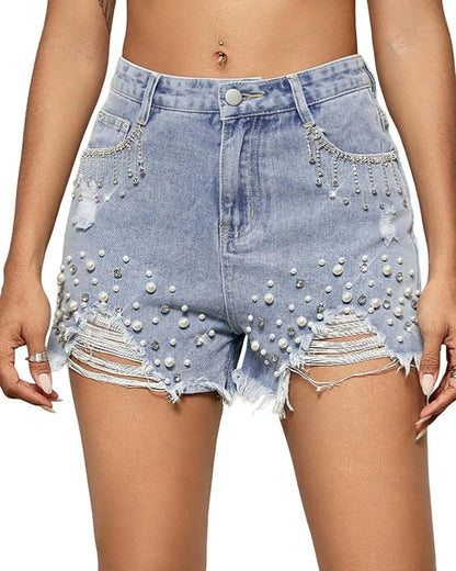 Women’s High-Waisted Denim Shorts with Rhinestone & Pearl Tassels – Frayed Raw Hem Summer Shorts