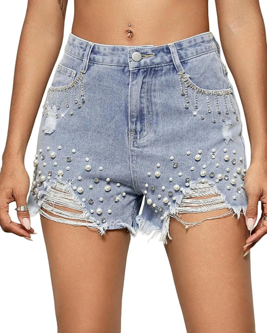 Women’s High-Waisted Denim Shorts with Rhinestone & Pearl Tassels – Frayed Raw Hem Summer Shorts