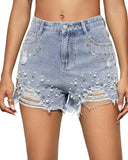 Women’s High-Waisted Denim Shorts with Rhinestone & Pearl Tassels – Frayed Raw Hem Summer Shorts