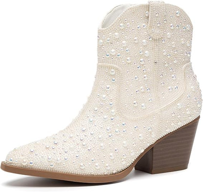 YAYONE Rhinestone Zipper Sparkly Pointed Toe Ankle Boots