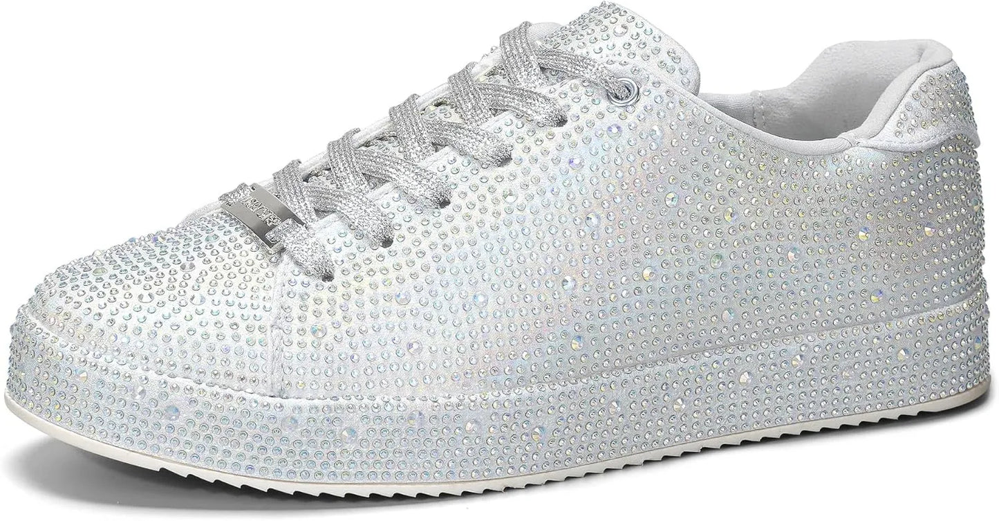 Women’s Rhinestone Tennis Shoes - Sparkly Bling Sneakers, Platform Glitter Lace-Up Casual & Bridal Shoes
