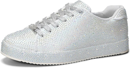 Women’s Rhinestone Tennis Shoes - Sparkly Bling Sneakers, Platform Glitter Lace-Up Casual & Bridal Shoes