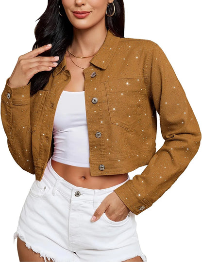 Rhinestone Cropped Denim Jacket for Women - Sparkly Y2K Party & Casual Blazer