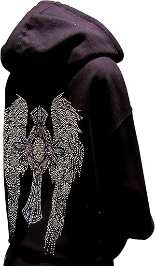 Multicolor Rhinestone Cross and Angel Wings Black Zipper Hoodie