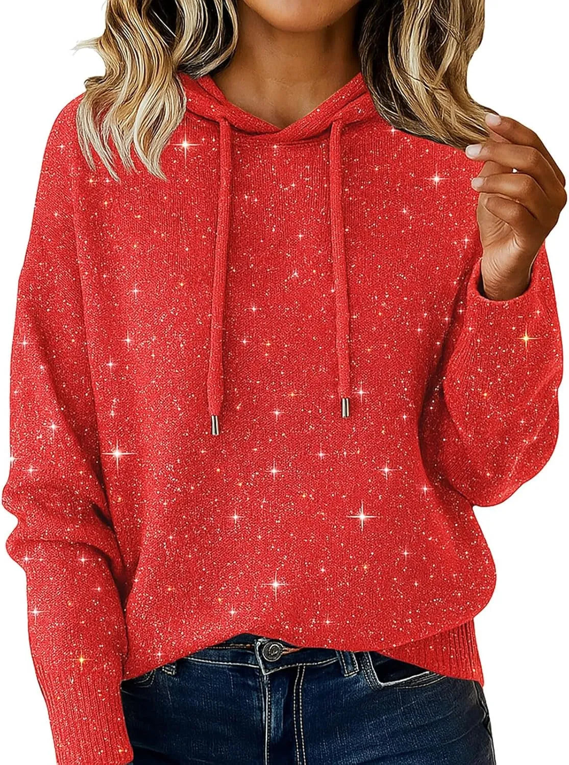 Bling Sequin Hoodie Sweater for Women - Sparkly Glitter Pullover Knit Hoodie Long Sleeve Casual Holiday Sweater Top