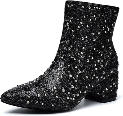 YAYONE Rhinestone Zipper Sparkly Pointed Toe Ankle Boots