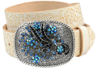 Genuine Full Grain Western Floral Engraved Tooled Leather Rhinestone Buckle Belt 1-1/2"(38mm) Wide