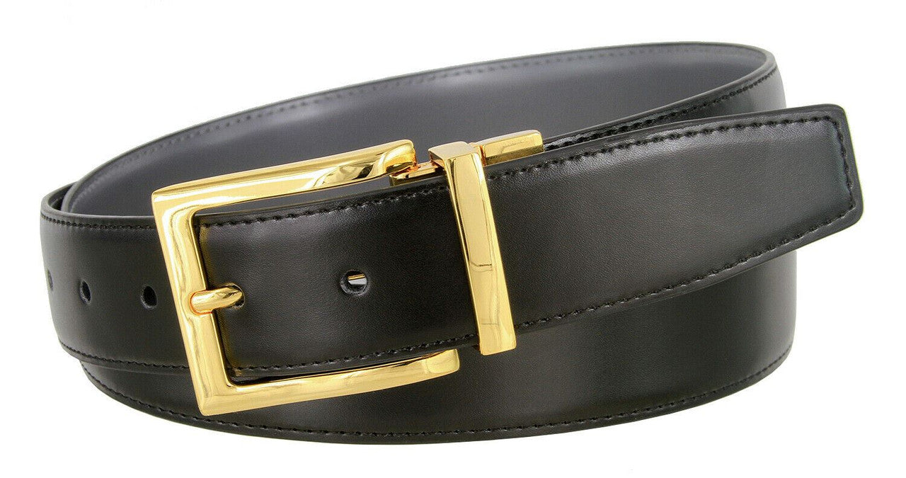 Men's Reversible Belt Gold Buckle Genuine Leather Dress Casual Belt 1-3/8"(35mm) Wide