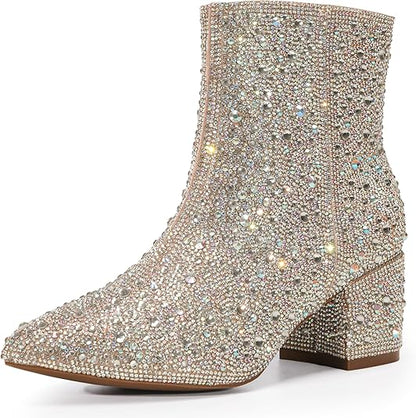 YAYONE Rhinestone Zipper Sparkly Pointed Toe Ankle Boots