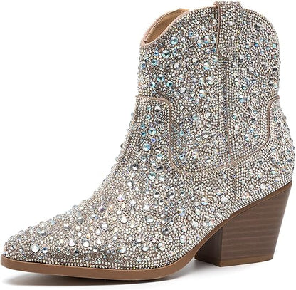 YAYONE Rhinestone Zipper Sparkly Pointed Toe Ankle Boots