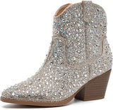 YAYONE Rhinestone Zipper Sparkly Pointed Toe Ankle Boots