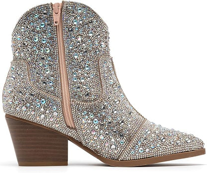 YAYONE Rhinestone Zipper Sparkly Pointed Toe Ankle Boots