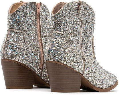 YAYONE Rhinestone Zipper Sparkly Pointed Toe Ankle Boots