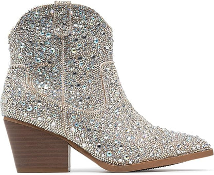 YAYONE Rhinestone Zipper Sparkly Pointed Toe Ankle Boots