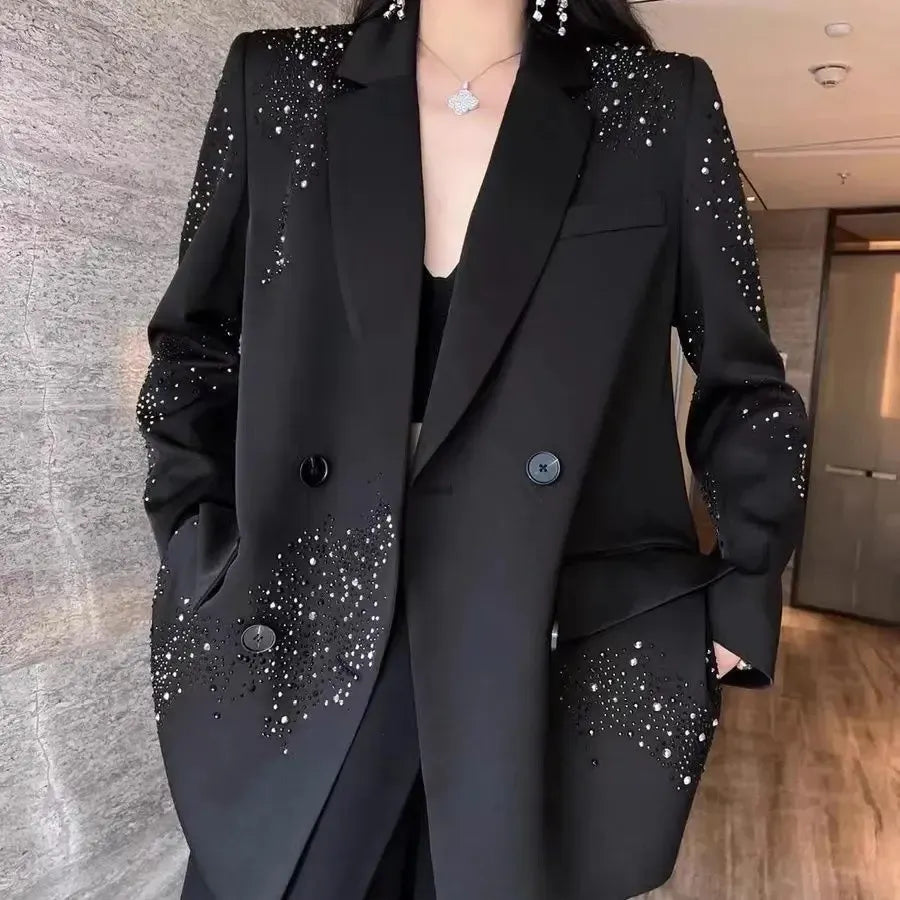 Luxury Black Rhinestone Double Breasted Blazer for Women - High Grade Loose Fit Suit Jacket