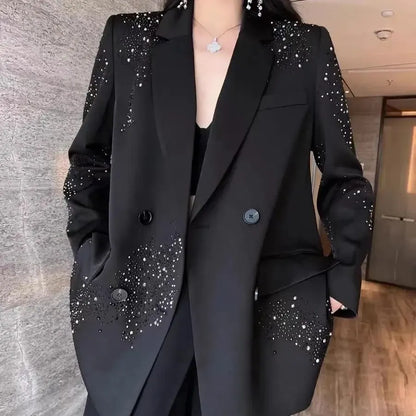 Luxury Black Rhinestone Double Breasted Blazer for Women - High Grade Loose Fit Suit Jacket