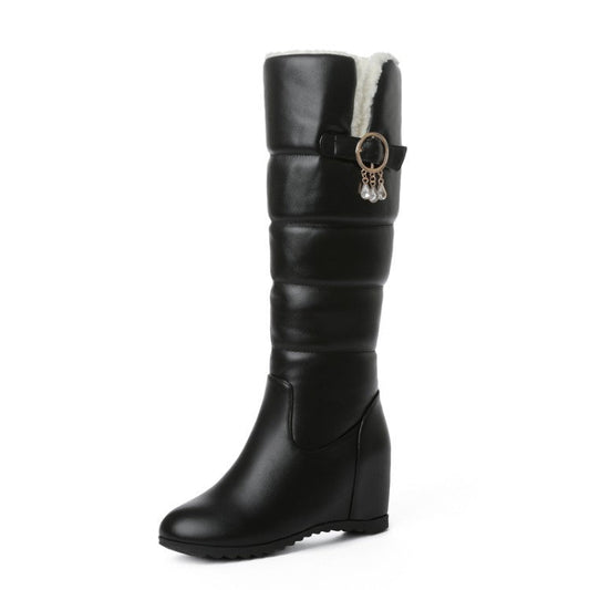 Elevated Round Toe Concealed Rhinestone Faux Fur Hidden Heel Winter Boots