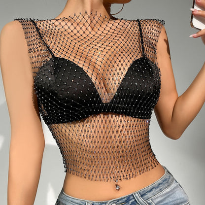 Sparkle Mesh Rhinestone Sleeveless Top – Elegant & Edgy