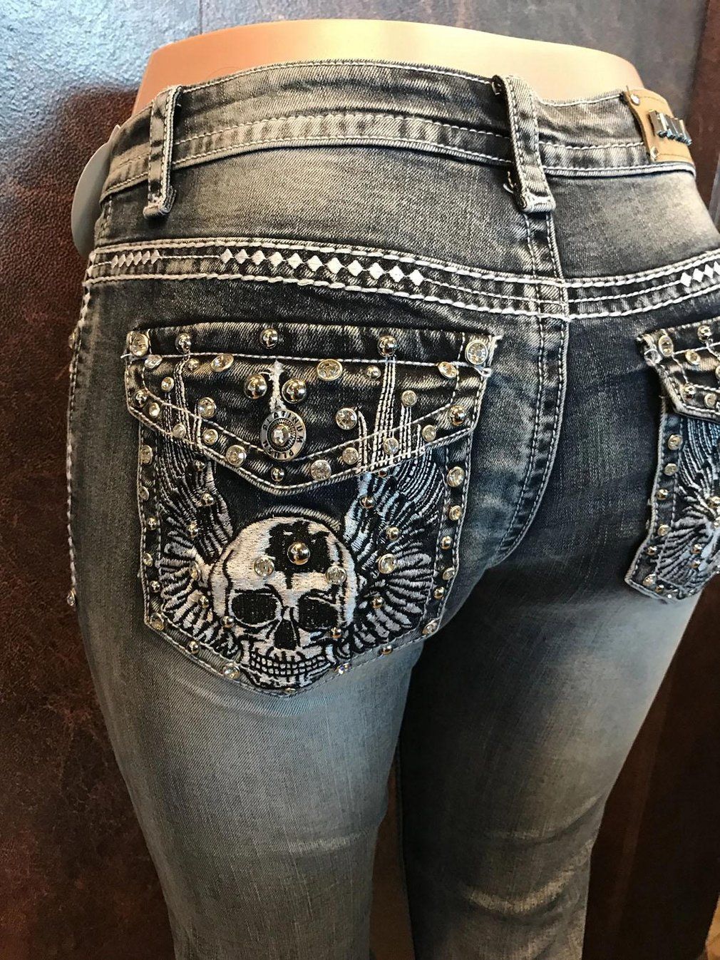 Rockstar Embroidered Skull Skinny Jeans with Rhinestones