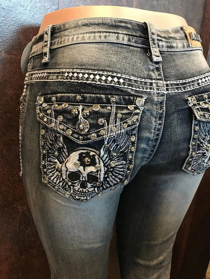 Rockstar Embroidered Skull Skinny Jeans with Rhinestones