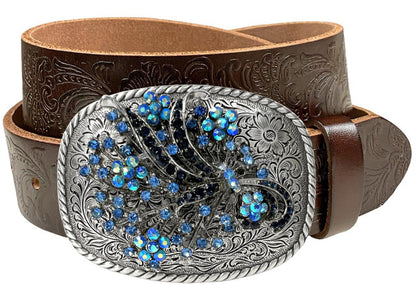 Genuine Full Grain Western Floral Engraved Tooled Leather Rhinestone Buckle Belt 1-1/2"(38mm) Wide