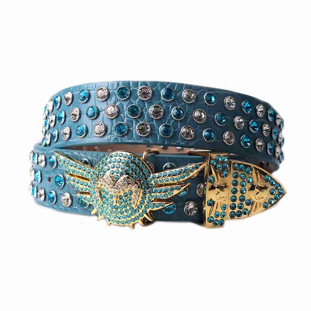 Angel Wings Buckle, Cyan Strap With Cyan & Transparent Studded Rhinestone Belt