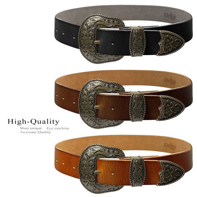 Western Antique Brass Floral Engraved Buckle Genuine Full Grain Leather Casual Jean Belt 1-1/2"(38mm) Wide