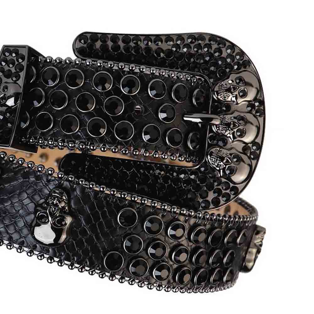 Black Strap With 7 Skulls Black Studded Rhinestone Belt