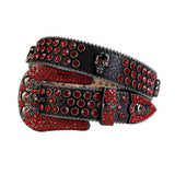 Black Strap With Red Studded Rhinestone Belt with Black Skulls Red Buckle