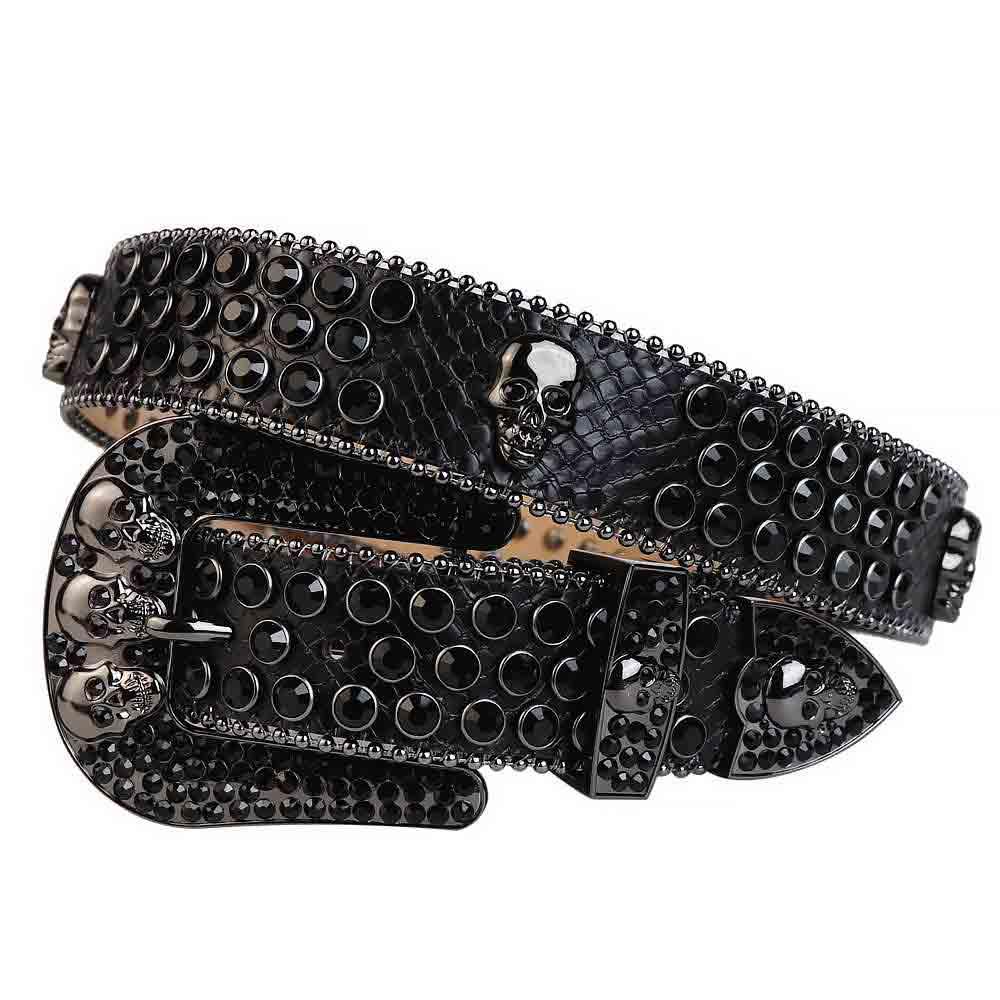 Black Leather Belt And Black Buckle Studded with Black Rhinestones