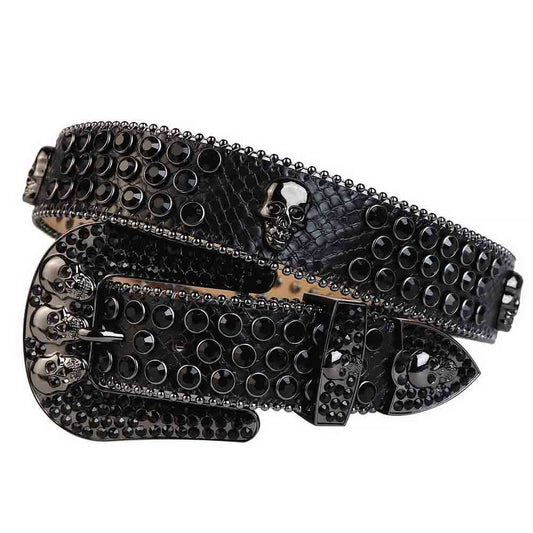 Black Strap With 7 Skulls Black Studded Rhinestone Belt