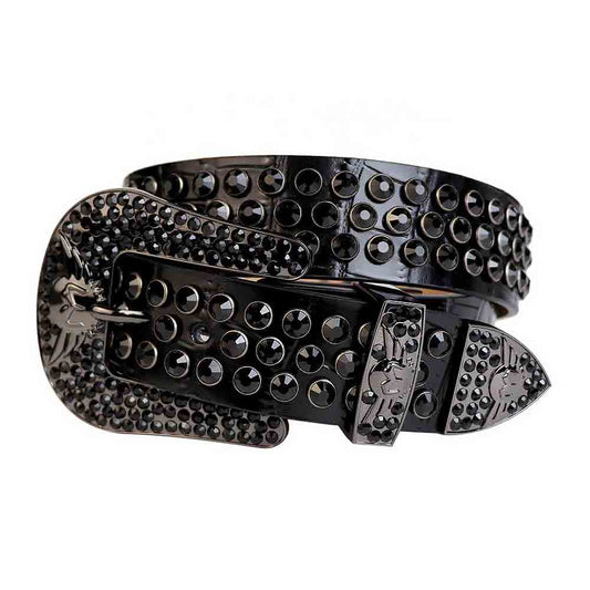 Black Rhinestone Belt With Black Skull Buckle