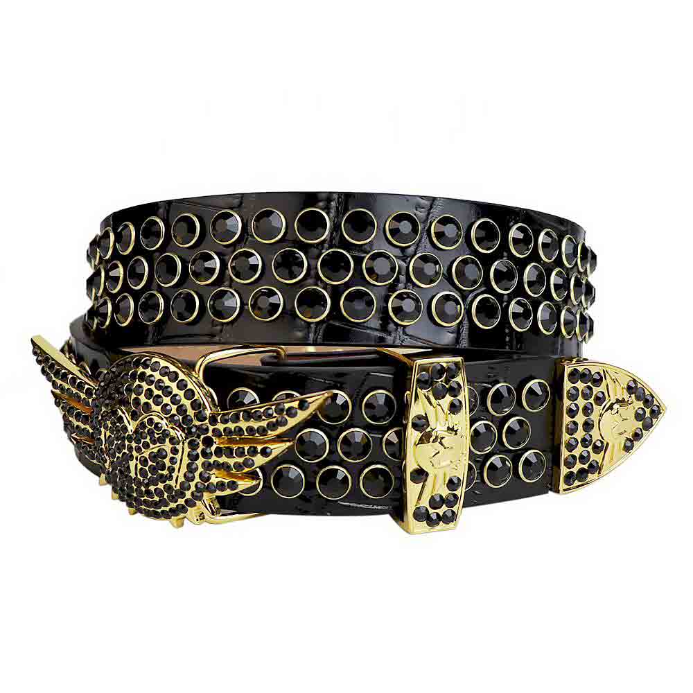 Black Strap With Black Studded Rhinestone Belt with Gold Wings Shaped Black Buckle