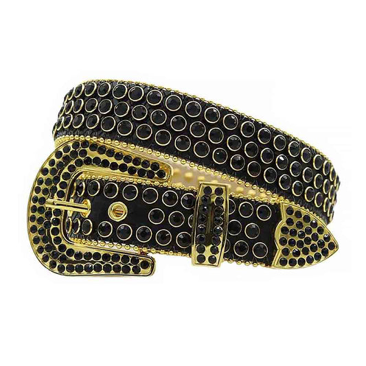 Black Strap With Black Studded Rhinestone Belt with Shiny Gold Black Buckle