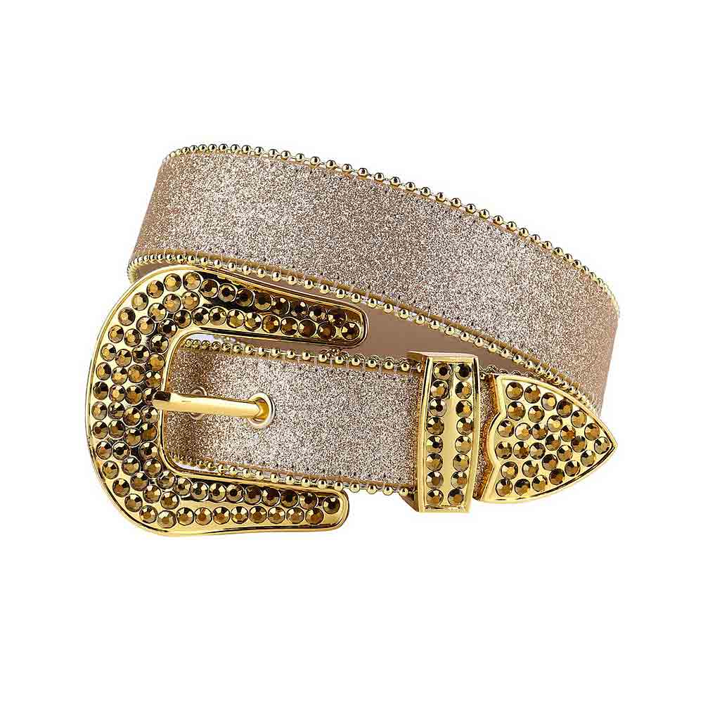 Champagne Gold Shining Leather Belt and Gold Buckle with Gold Rhinestones